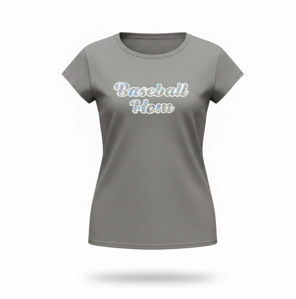 Gildan Heavy Cotton Gray Baseball Mom Holographic Lettering T-Shirt